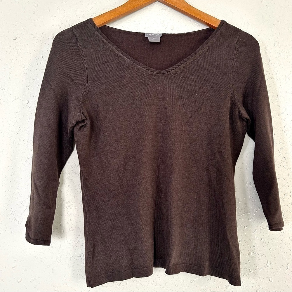 Ann Taylor Brown V-Neck 3/4 Sleeve Sweater SP Neutral Casual Classic Fall